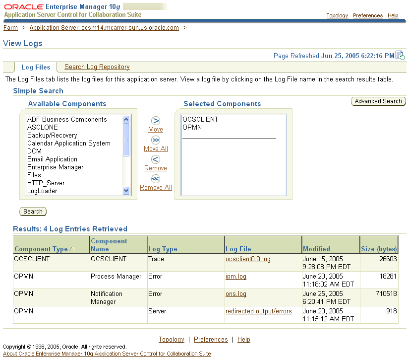 Enterprise Manager View Logs Search Results
