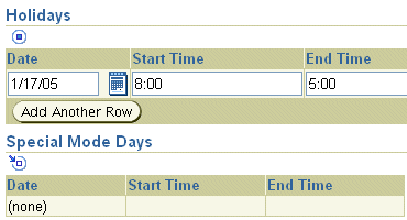 Screenshot of the Holidays and Special Mode Days tables