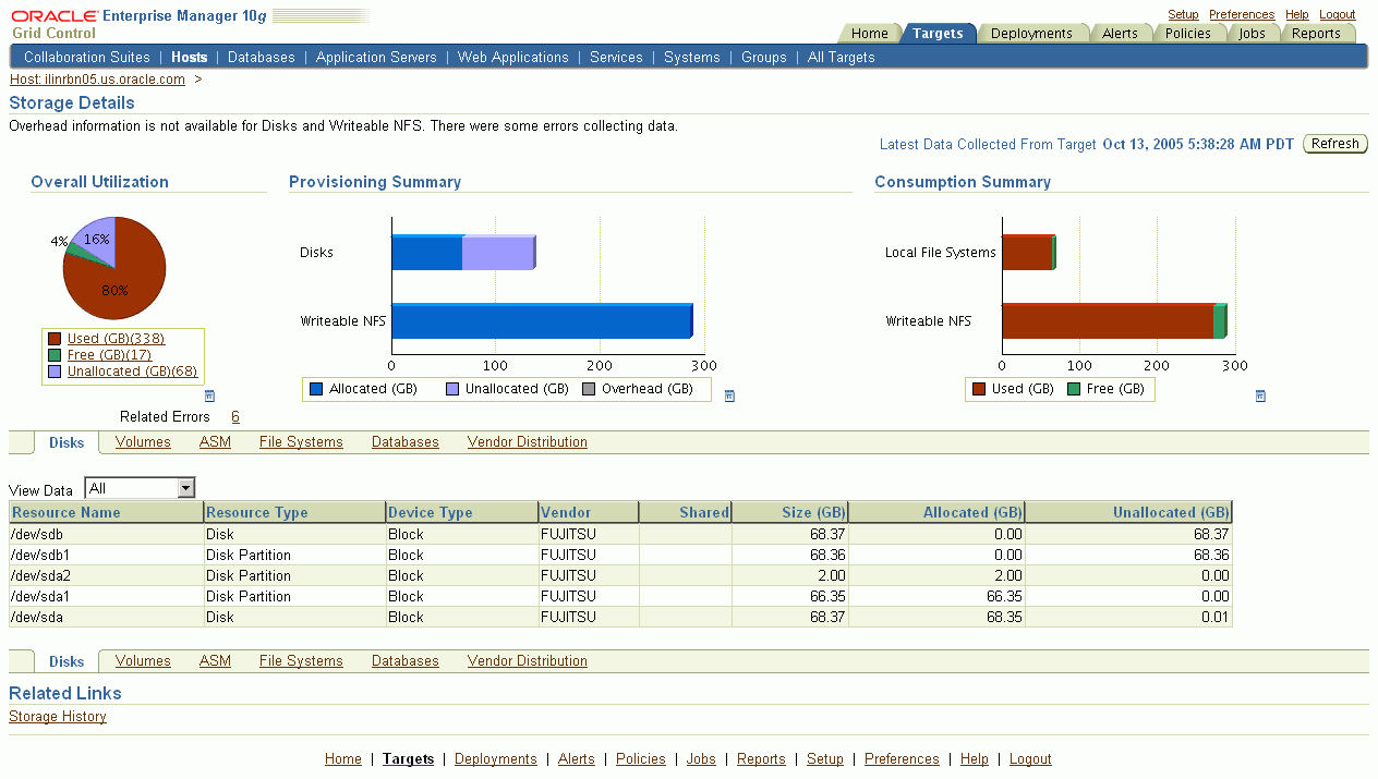 This figure shows a screenshot of the Enterprise Manager Host Storage Details page
