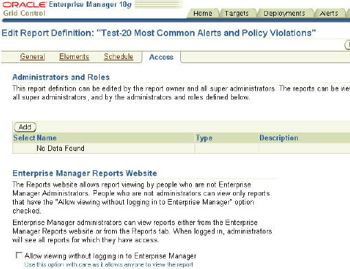 Edit Report Definition Access page